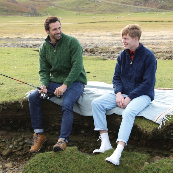 New Mens Aran Zip Front Wool Sweater Blue Green L - Picture 3 of 9